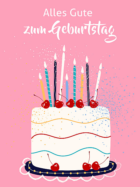 Das Bild zeigt eine Geburtstagstorte mit Kirschen und mehreren bunten Kerzen. Darüber steht der Schriftzug: Alles Gute zum Geburtstag.