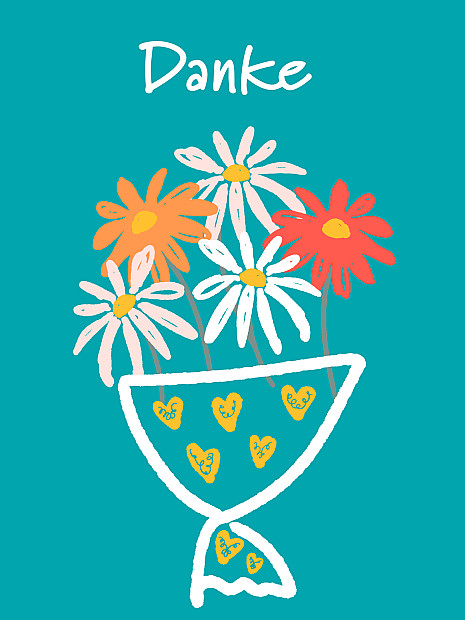 Das Bild zeigt bunte Illustration von einem Blumenstrauß. Über dem Blumenstrauß steht der Schriftzug: Danke